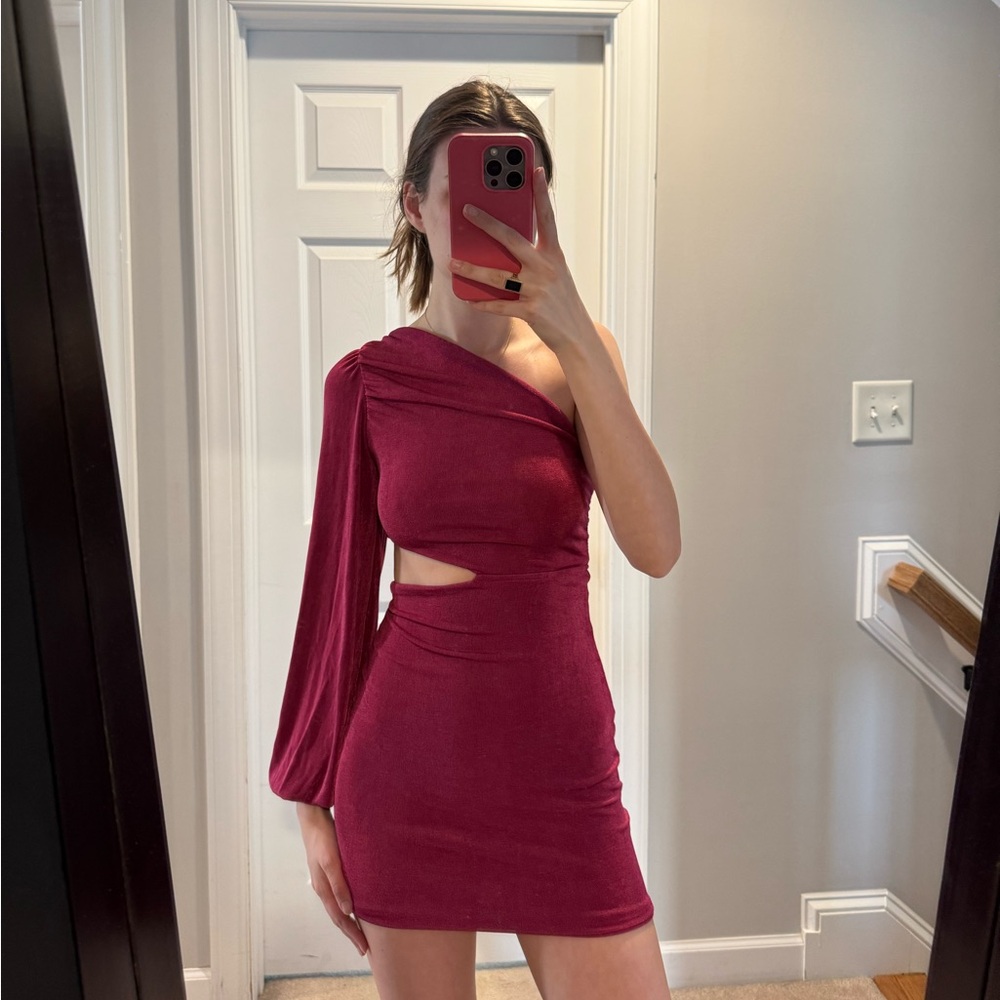 One-Shoulder Cutout Mini Dress in Burgundy